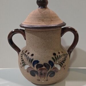 Elegant Ceramic Lidded Jar with Handles - Brown and Blue
